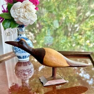 Vintage Hand-Carved Wooden Bird Figurine on Stand – 8” Long Folk Art Decor